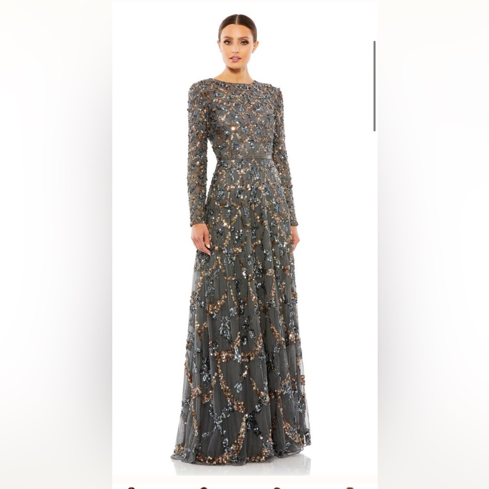 Mac Duggal Gray Embellished Illusion High Neck Long Sleeve A Line Gown - size 8